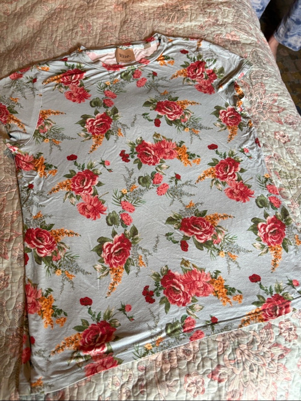 Elie Tahari Light Blue Floral Tee with Pink Roses